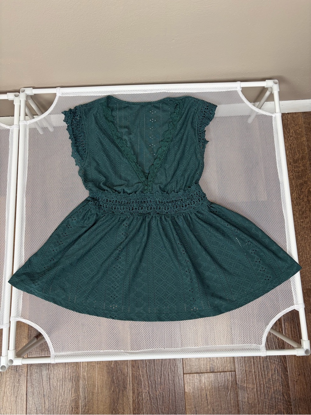 SHEIN Teal Green Eyelet Lace Babydoll Peplum Top Flutter Cap Sleeve V-Neck S EUC - Picture 6 of 14